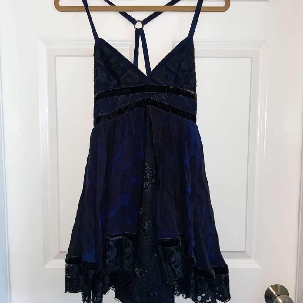 Ecote Mini dress - Indigo and Black Shibori With Lace and Velvet Accents